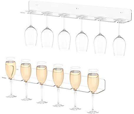 Hexsonhoma Champagne Wall Holder for Party 50, Clear Acrylic Wall Mounted Wine Glass Holder, Under Cabinet Wine Glass Holder Rack (6 Glasses 2 Pack)