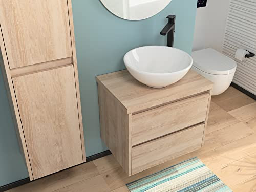 Aqua Bango | Badezimmermöbel mit Aufsatzwaschbecken und Trägerplatte in 60cm (Rund 1, Eiche Gold)