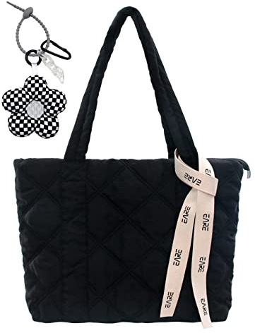 boshiho Bolso de mujer con cremallera de nailon acolchado bolsa de transporte acolchada para mujer, gran capacidad, bolso de hombro para uso diario, trabajo, oficina, viajes, compras, escuela, Negro