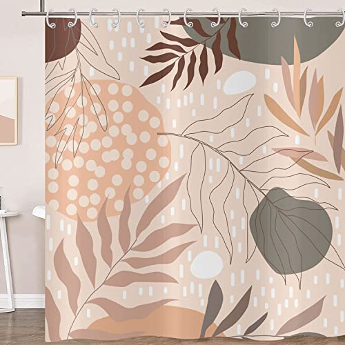 Hnmdmyi Duschvorhang Boho 180x200, Abstrakte Blätter Pflanze Beige Badewanne Vorhang Mid Century Modern Geometrisch Minimalistisch Ästhetisch Kunst Wasserdicht Polyester Stoff Waschbar Badevorhang