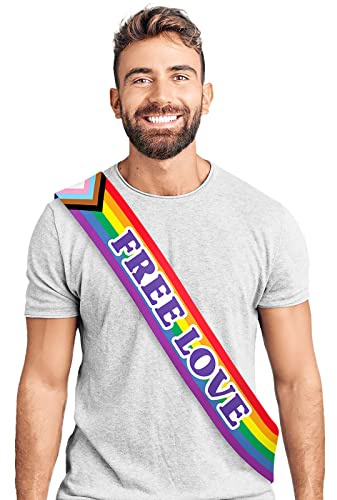 OH Yeah - Banda LGTBIQ+ Free Love - 150 x 10 cm - Accesorio Fiesta Pride - Banda Orgullo Gay - Reutilizable - Banda Fiesta del Orgullo - Papel PLASTIFICADO IRROMPIBLE
