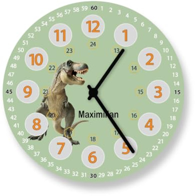 Faramosa Kinder Wanduhr mit Name Kinderzimmer Dinosaurier 12/24 Stunden Mädchen Jungen Uhr 25 cm Uhrzeit Lernen