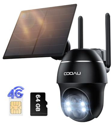 COOAU 4G LTE Cellular Security Camera Outdoor Wireless with SIM Card&64GB Card Storage, 2K 360° PTZ Battery Camera,Solar No WiFi Wireless CCTV Camera,Motion Detection,No WIFI Security Camera