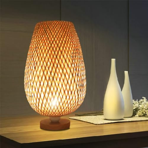 GUANSHAN Bambusgewebte Tischlampe, Zen-Stil, Bambus-Lampenschirm, Tischleuchte, dekorative Tischbeleuchtung, Nachtlicht, Atmosphärenlicht für Schlafzimmer, Wohnzimmer