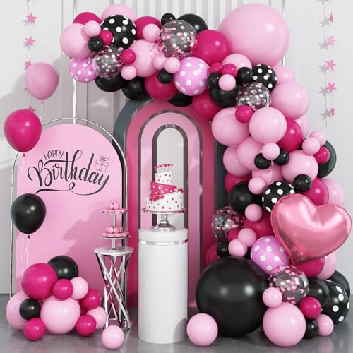 Pink Black Balloon Arch Kit, Pastel Hot Pink Black Dot Balloon Garland with Bow Heart Foil Balloons, Pink and Black Balloons for Birthday Wedding Party Decor