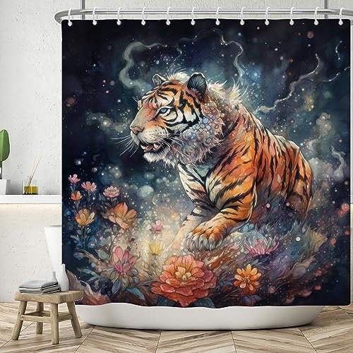 ASDCXZ Tiger Duschvorhang 120x200 cm, Kunst Aquarell Dominant Tiger Tier Rose Bunt Blumen Bad Waschbar Duschvorhänge Polyester Textil Wasserdicht Badevorhang für Badewanne mit 8 Haken