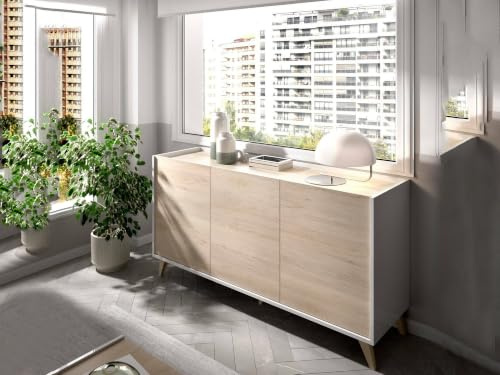 Dmora - Credenza Avez, Buffet da soggiorno, Madia moderna da salotto a 3 ante, 155x43h75 cm, Rovere e Bianco