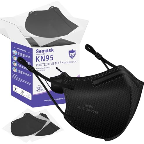 Semask KN95 Adjustable Masks 30 Pack, Individually Wrapped Disposable Respirator Masks with Adjustable Ear Loops (Black)