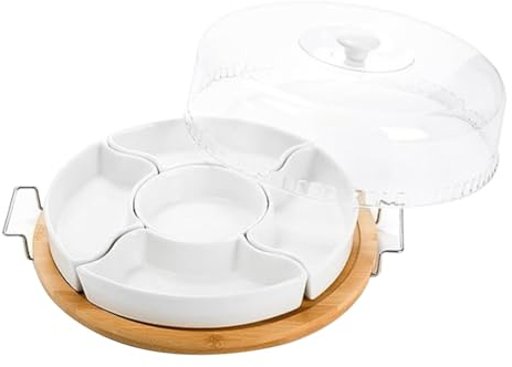 NIEI Geteilte Servierplatte Aus Keramik mit Durchsichtigem Deckel, Vorspeisentablett Aus Bambus mit Griffen, 5 Abnehmbare Snackschalen, Langlebig, Einfach zu Verwenden, 28,5 X 5 cm