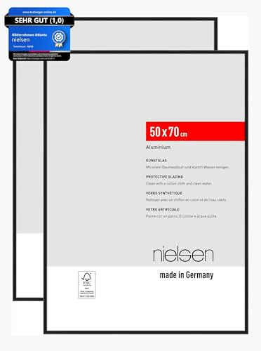 nielsen Aluminium Bilderrahmen Atlanta, 50 x 70 cm 2er Set, Schwarz | Aluminium Posterrahmen im Hoch- & Querformat zum Aufhängen Schwarz matt bruchsicheres Kunstglas