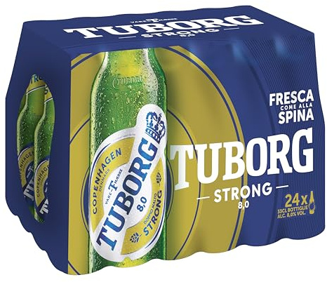 Tuborg, Cassa con 24 Bottiglie da 33cl, Birra Strong Lager, Gusto Deciso e Maltato, Gradazione Alcolica 8.0% Vol