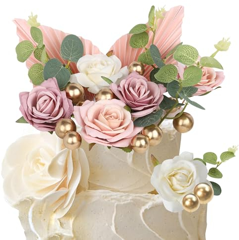 Xsstarmi 22 Pack Rose Artificial Flower Leaves Cake Decorations Gold Balloon Cake Toppers Paper Palm Fan Cake Toppers for DIY Wedding Bithday Valentine's Day Party Cake Decorations Supplie