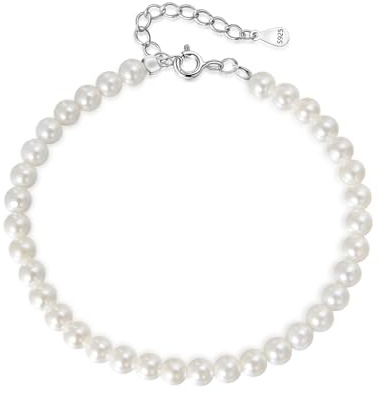 Candyfancy Perlenarmband Damen Weiße Runde Simulierte Perlen 16+3cm Verstellbare Lange Perlen Armband für Damen Frauen Geschenke, Perlen 4mm/5mm