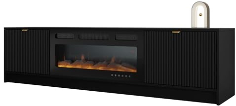 Mirjan24 TV-Lowboard Tireno EF mit Elektrokamin, 2 Klappen (Schwarz) | Fernsehtisch mit geriffelten Fronten, goldfarbenen Griffen und Kamin mit Heizfunktion, Fernbedienung und LED-Flamme