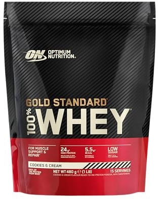 ON Gold Standard 100% Whey for Muscle Support and Repair, Low Sugar High Protein Powder with Naturally Occurring Glutamine and BCAA Amino Acids, Cookies & Cream Flavour, 15 Servings, 480g