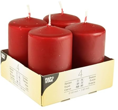 NEU Stumpenkerzen, 4 Stück, Höhe 8 cm, Ø 5 cm, Farbe: Bordeaux-Rot