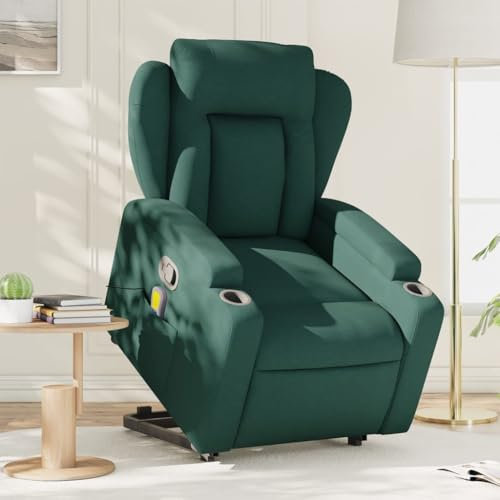 Homgoday Massagesessel mit Aufstehhilfe, Aufstehsessel Fernsehsessel Relaxsessel mit Liegefunktion, Ruhesessel Seniorensessel TV Sessel Polstersessel für Wohnzimmer Dunkelgrün Stoff