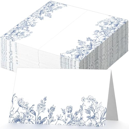 Dunzoom 100 Pcs Blue Floral Place Cards 3.5 x 2 Chinoiserie Blue White Flower Tented Name Card Blank Table Name Sign for Wedding Baby Shower Birthday Party Banquet Table Setting Supplies