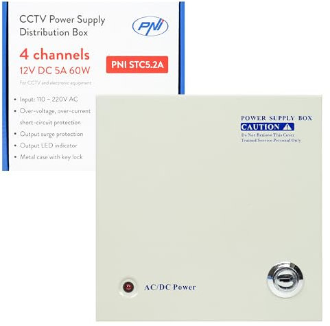 Alimentatore CCTV PNI STC5.2A, 12V, 5A, 60W, 4 uscite, in scatola di metallo