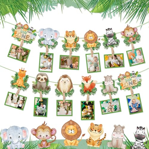 Foto Banner Geburtstagsdeko 1 jahr, Fotogirlande 1. Geburtstag | 12 Monat Dschungel Tiere Erster Geburtstag Dekoration, Tier Geburtstags Banner, für Mädchen Jungen Party Erster Kommunion