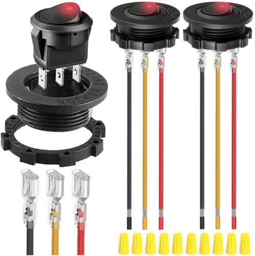 MKBKLLJY 3St. Runder Wippschalter Rot LED DC 20A 12V/10A 24V 3Pin Verdrahteter LED Licht Ein/Aus Schalter SPST Beleuchteter Kippschalter mit verriegelten Anschlussdrähten für Auto LKW Yacht
