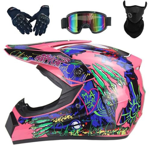 Motorradhelm Motocross-Helm DOT-zugelassen Kinder Vollgesichts-Offroad-Motorrad-Crosshelme mit Visier Brille Maske Handschuhe Motorrad ATV MTB Outdoor-Sport Motorradhelm-Set(C Pink,M(54-55cm))