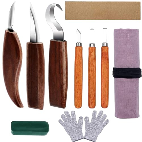 10 Stück Holz Schnitzwerkzeug, Professional Schnitzset, Holzschnitzwerkzeug für Anfänger und Profis, Schnitzmesser Sets mit Schleifsteine, Polierwachs, Aufbewahrungstasche, Schnittfeste Handschuhe