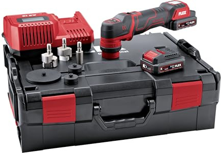 FLEX Batteripoleringsmaskin PXE 80 12-EC/2,5 SET (batteripoleringsmaskin 12 V, roterande och excentrisk frilöpning, polermaskin inkl. 2 x 2,5 Ah 12 V batterier, snabbladdare och omfattande tillbehör