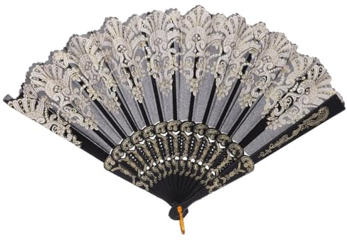 SEWACC Chinese Folding Hand Fan, Chinese Style Printed Foldable Fan Embroidered Hand Fan for Party Wedding Dancing (Black)