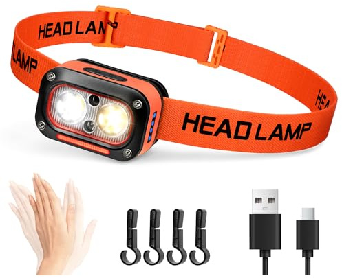 DARKBEAM Lampada Frontale Luce Testa LED Ricaricabile USB Alto Lumen, Lampada da testa per Casco con Sensore di Movimento, Torcia Frontale Luce Rossa Impermeabile per Campeggio, manutenzione Auto