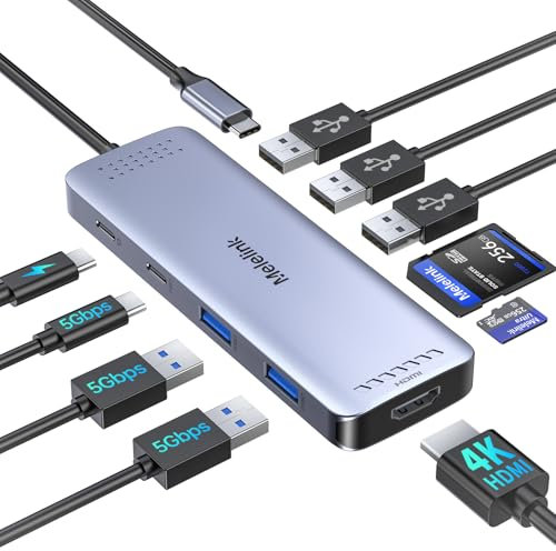 USB C Hub Multiport Adapter, Melelink 10-in-1 USBC Hub 4K@60Hz HDMI, USBC Dock with 6 USB Data Ports, 100W PD, SD/TF, USB-C Splitter Aluminum Type C Dongle for Macbook Air Pro,Dell,HP,Lenovo and More