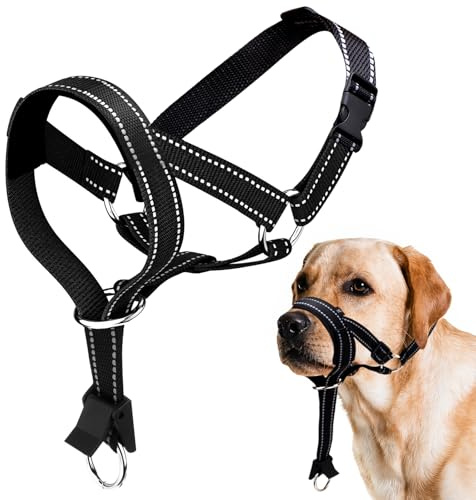 Hundmunkorg med justerbart huvud – reflekterande träningssele, neoprenstoppning och anti-dragfunktion för säkra promenader (svart, M)