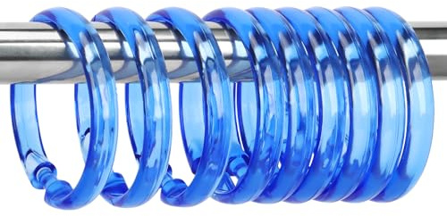 Qulable Duschvorhanghaken, rund, Kunststoff, für Badezimmer, O-förmig, transparent, blau, Duschvorhangringe für Duschvorhangstange, Blau, 12 Stück