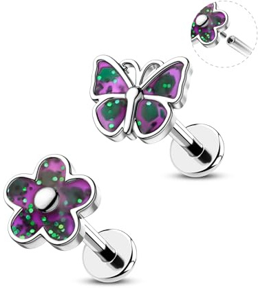CM Crareesi Mania Helix Piercings Stecker Schmetterling Blume 2Stück Tragus Conch Piercing Silber 16G Chirurgenstahl Lippenpiercing Labret Medusa Stecker Flacher Rücken Knorpel Piercing Ohr für Frauen