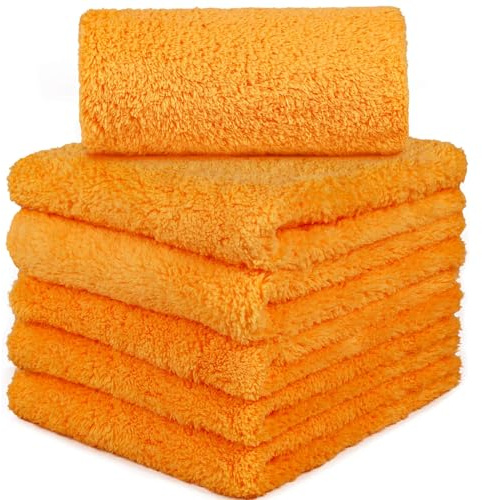 HIDMD Toallas de microfibra para autos sin bordes paños de microfibra profesionales para coche AUTO MOTO secado detalles pulido en blanco toalla sin bordes de felpa 40 x 40 cm paquete de 6 naranja
