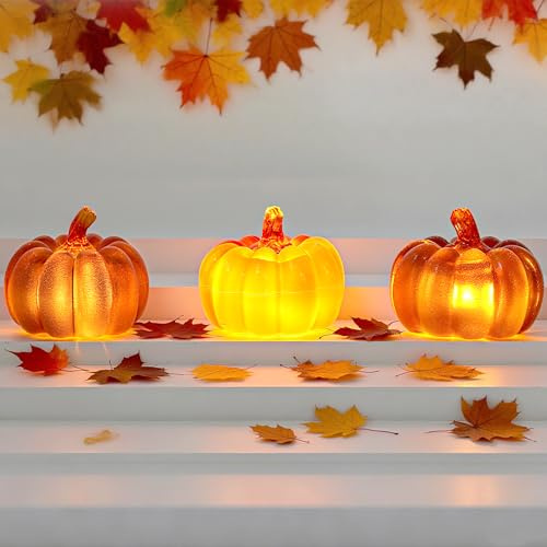 wokdsbl 3 Stück Herbstdeko Kürbis mit LED Licht Leuchtende Dekofiguren | Halloween Tischdeko für Erntedankfest Garten und Innenbereich als Kürbis Laternen Dekoration