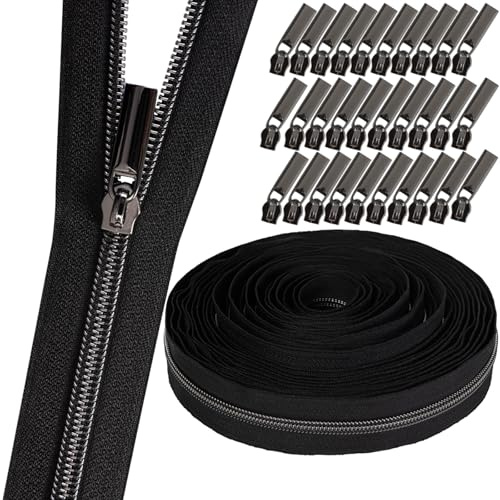 GUBOCA 9 M Cerniera Lampo Lunga,Cerniere in Nylon per Cucito a Metro con 30 Pezzi di Accessori (Nero,Nero)