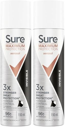 Sure Maximum Protection Invisible Anti-Perspirant Aerosol Women's Deodorant Spray with 3x stronger* sweat protection for 96 hour sweat and odour protection 150 ml (Pack of 2)