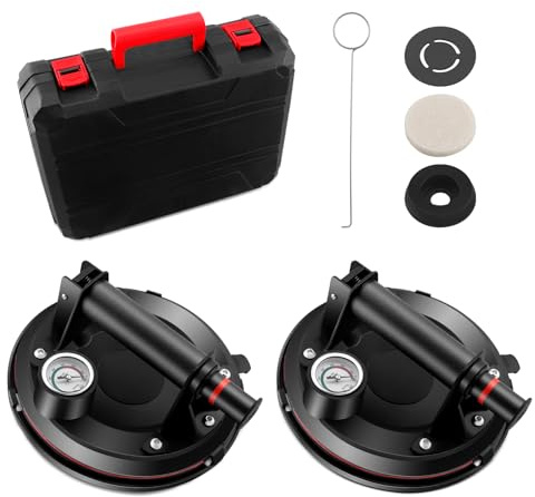 Set di 2 ventose per piastrelle e vetro con manometro - Capacità di carico 230 kg, ventosa a vuoto per vetro, piastrelle, laminato, ceramica - Include cassetta degli attrezzi portatile