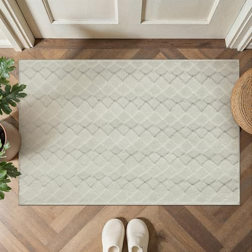 PureCozy Beige Fußmatte Teppich 60x90cm Boho Fussmatte Waschbarer Teppiche 3D Effekt Fussmatte Schlafzimmer Küche Bettvorleger Gegend Esszimmer Flauschig Kurzflor rutschfest Klein Carpet