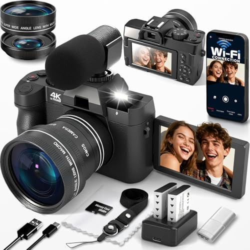 Fotocamera digitale 4K per fotografia con WiFi Vlogging Camera per YouTube Auto-Focus Fotocamera Digitale Compatta con Flip Screen, con 2 Batterie, Obiettivo Largo e Macro, Microfono, Scheda MicroSD