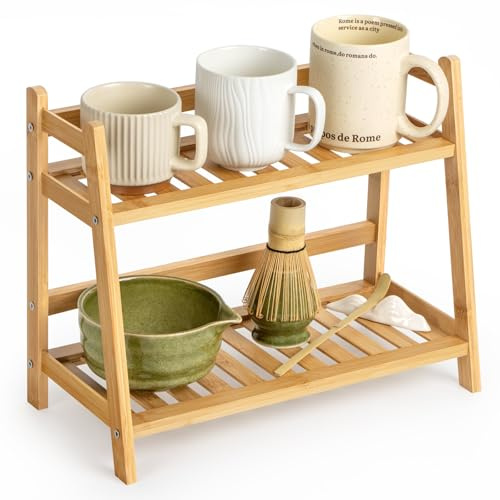 ANBOXIT Bambus Küchen Organizer, 2 Tier Regal für Tassen und Kaffeebar | Geeignet zur Aufbewahrung von Matcha, Kaffeezubehör & Gewürze in Küche, Zuhause und Büro