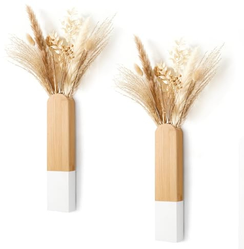 2 Stück Holz-Wandvasen Set für Trockenblumen (Weiß und natürlich)