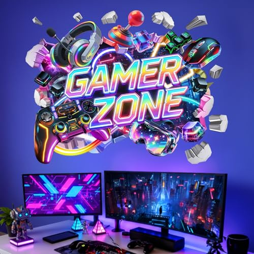Peelora Large 3D Gamer Zone Wall Stickers Colorful Gamer Controller Video Game Joystick Headphones Wall Decals Boy Kids Bedroom Teenagers Playroom Home Decor Stickers