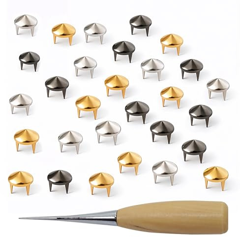 Event Decor Shop Low Cone Spike Studs 300pcs 6.5mm – Claw Nailhead Rivets in Gold, Gunmetal & Silver with Hand Awl Tool, Decorative Metal Studs for Upholstery, Costumes & Accessories