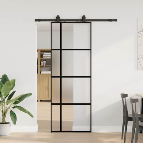 LoogCape Kit porte coulissante en verre trempé noir 76x205 cm avec quincaillerie acier pour intérieur maison chambre salon cuisine sécurité isolation phonique