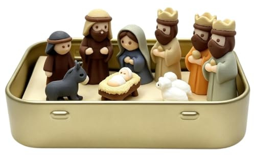 Miniatyr Julkrubba Scen Figuriner 3D-Utskrivna Religiösa i en Tennask | Julens Krubbscen Figuriner för skrivbord, , vardagsrum, sovrum, bokhyllor, öppna spisar, inomhusbruk, kontor, fönsterbräda,
