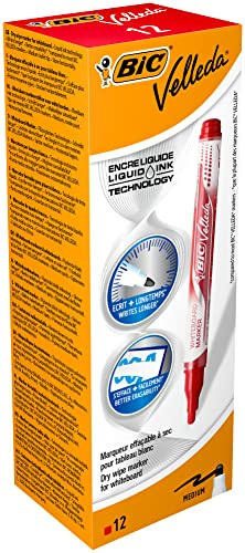 BIC Velleda Feutres pour Tableau Blanc Effaçables à Sec Pointe Conique Large - Rouge, Boîte de 12