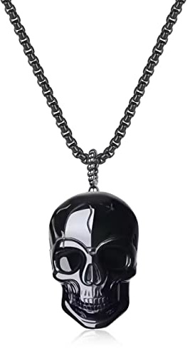 COAI Collar de Acero Inoxidable con Colgante Calavera de Obsdiana Negra Piedra Natural para Hombre