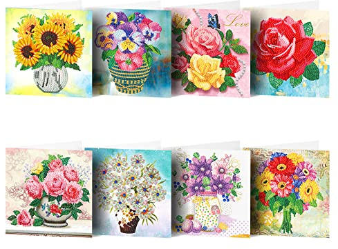 VVDYXEW 8 Stück 5D DIY Diamond Painting Karten, Diamond Painting Geburtstag Karten, für Weihnachten, Muttertag, Thanksgiving, Valentine (G)